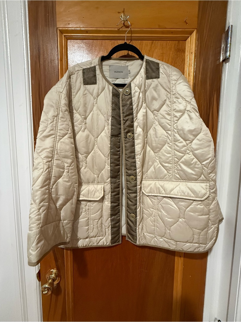 Hudson Quilted Cream Jacket with Olive Trim